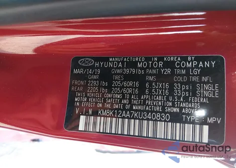 2019 Hyundai Kona Se from USA, damaged, VIN KM8K12AA7KU340830